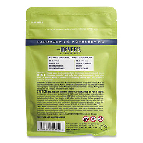Mrs. Meyer's Automatic Dish Detergent, Lemon, 12.7 oz Pack, 20/Pack, 6/Carton (306684)