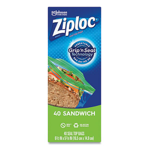 Ziploc Resealable Sandwich Bags, 1.2 mil, 6.5" x 5.88", Clear, 40/Box (315882BX)