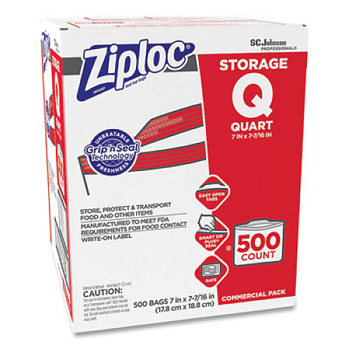 Ziploc Double Zipper Storage Bags, 1 qt, 1.75 mil, 7" x 7.75", Clear, 500/Box (682256)