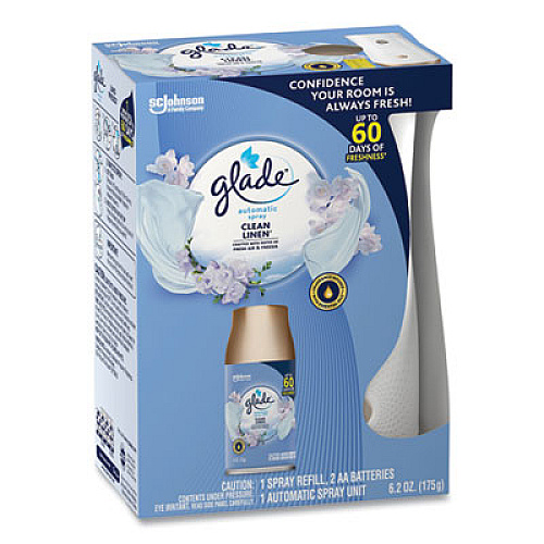 Glade Automatic Spray Starter Kit, Spray Unit and Refill, White/Gold, Clean Linen (329349KT)