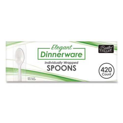 Berkley Square Elegant Dinnerware Heavyweight Cutlery, Individually Wrapped, Spoon, Plastic, White, 420/Box (90187)
