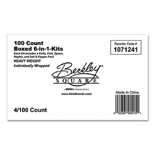 Berkley Square Elegant Dinnerware Heavyweight Cutlery Kit, Individually Wrapped, Knife/Fork/Spoon/Salt/Pepper/Napkin, White, 100/Box (90215)