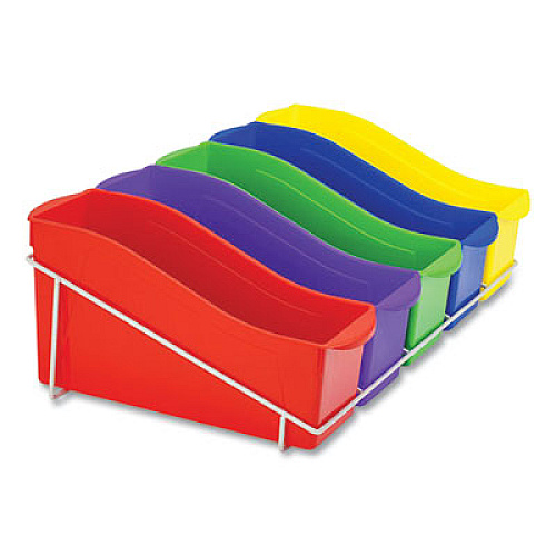 Storex Book Bins with Metal Shelf Rack, 14.3 x 25.69 x 7.25, 5 Assorted Color Bins, White Epoxy Metal Rack (71125U01C)
