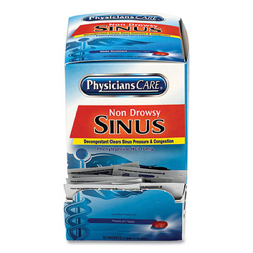PhysiciansCare Non-Drowsy Sinus Decongestant Congestion Medication, One Tablet/Pack, 50 Packs/Box (90087)