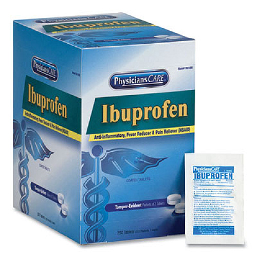 PhysiciansCare Ibuprofen Pain Reliever Tablets, Two-Pack, 125 Packs/Box (90109)
