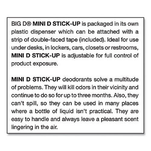 Big D Industries Mini D Stick-Up Deodorant, Mountain Air, 2.5 oz Dispenser, 12/Box (608)