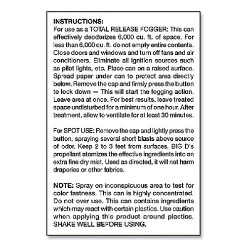 Big D Industries Odor Control Fogger, Mountain Air Scent, 5 oz Aerosol Spray, 12/Carton (344)
