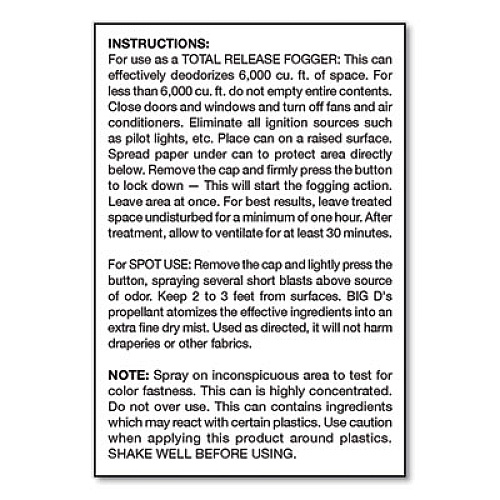 Big D Industries Odor Control Fogger, Original Scent, 5 oz Aerosol Spray, 12/Carton (341)
