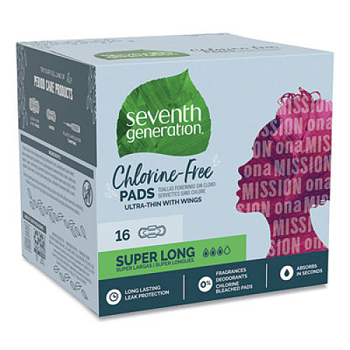 Seventh Generation Chlorine-Free Ultra Thin Pads with Wings, Super Long, 16/Pack, 6 Packs/Carton (450046)