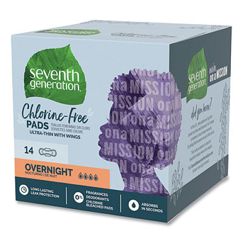 Seventh Generation Chlorine-Free Ultra Thin Pads with Wings, Overnight, 14/Pack, 6 Packs/Carton (450039)
