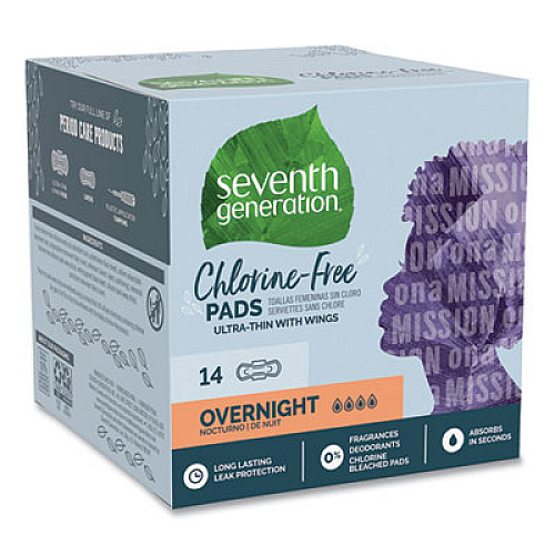 Seventh Generation Chlorine-Free Ultra Thin Pads with Wings, Overnight, 14/Pack, 6 Packs/Carton (450039)