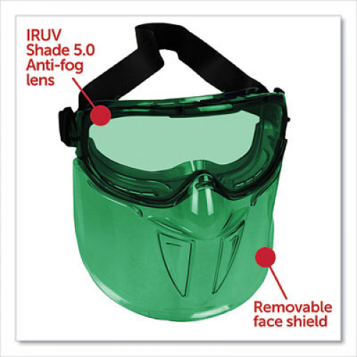 KleenGuard V90 Shield Safety Goggles with Face Shield, Over Glasses, Green Anti-Fog Lens, 6/Box (18631)