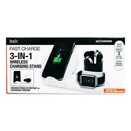 Itek 3-in-1 Qi Wireless Charging Stand, USB-C Cable, Black (WSC61772)