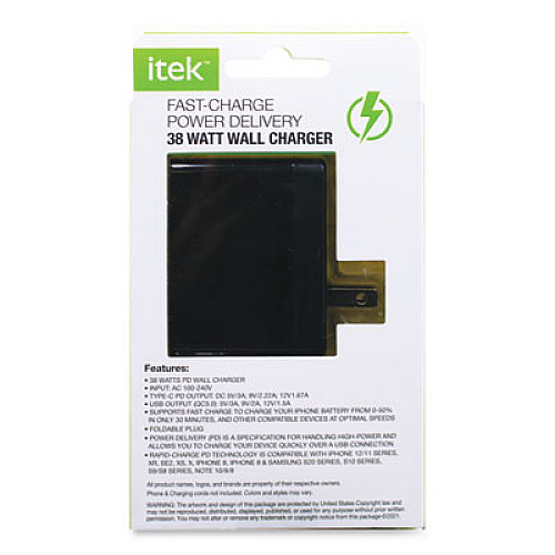 Itek Wall Charger, 38 W, USB-C, Black (PDWC241812)