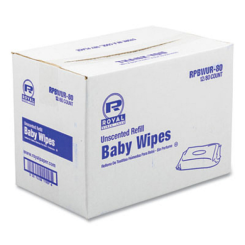 AmerCareRoyal Baby Wipes Refill Pack, 8 x 7, Unscented, White, 80/Pack, 12 Packs/Carton (RPBWUR80)