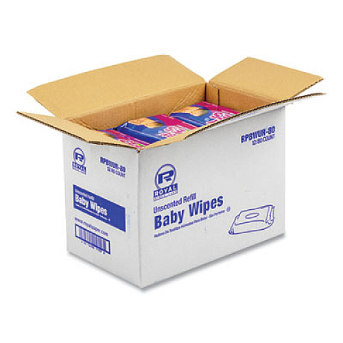 AmerCareRoyal Baby Wipes Refill Pack, 8 x 7, Unscented, White, 80/Pack, 12 Packs/Carton (RPBWUR80)