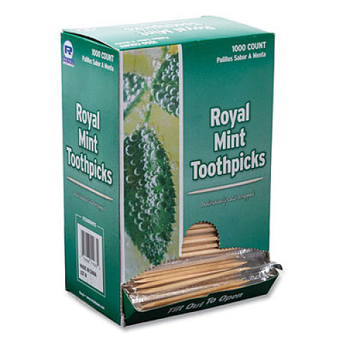 AmerCareRoyal Cello-Wrapped Round Wood Toothpicks, Mint, 2.5", Natural, 1,000/Box, 15 Boxes/Carton (RM115)