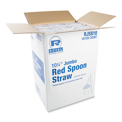 AmerCareRoyal Jumbo Spoon Straw, 10.25", Plastic, Red, 300/Pack, 18 Packs/Carton (RJSS10)