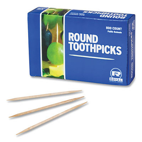 AmerCareRoyal Round Wood Toothpicks, 2.5", Natural, 800/Box, 24 Boxes/Case, 5 Cases/Carton (R820)