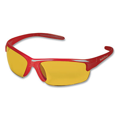 KleenGuard Equalizer Safety Glasses, Red Half Frame, Amber/Yellow Dual Lens, 12/Box (21299)