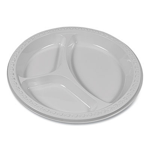 Tablemate Plastic Dinnerware, 3-Compartment Plates, 9" dia, White, 125/Pack (19644WH)