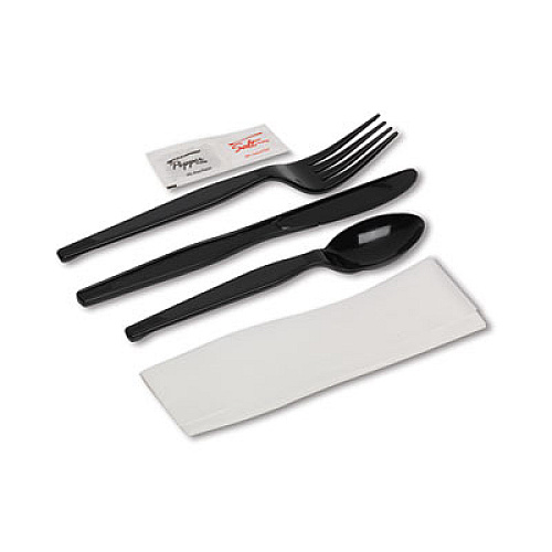 Dixie Wrapped Tableware/Napkin Packets, Mediumweight, Fork/Knife/Napkin/Spoon, Plastic, Black, 250/Carton (CH56NSPC7)