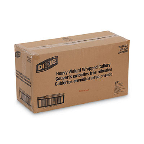 Dixie Wrapped Tableware/Napkin Packets, Mediumweight, Fork/Knife/Napkin/Spoon, Plastic, Black, 250/Carton (CH56NSPC7)
