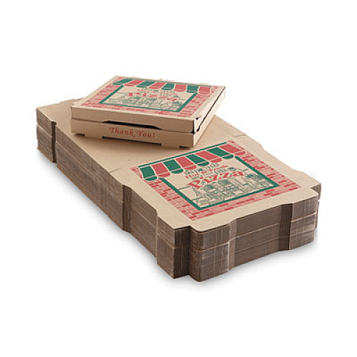 ARVCO Corrugated Pizza Boxes, Storefront, 16 x 16 x 1.75, Brown/Red/Green, 50/Carton (7162504)