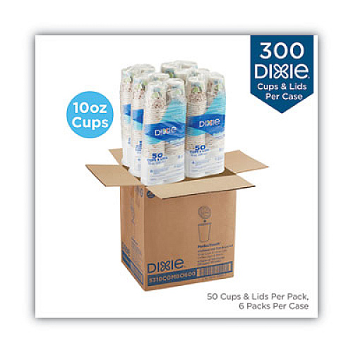 Dixie PerfecTouch Paper Hot Cups and Lids Combo, 10 oz, Coffee Haze Design, 50/Pack, 6 Packs/Carton (5310CMB600CT)