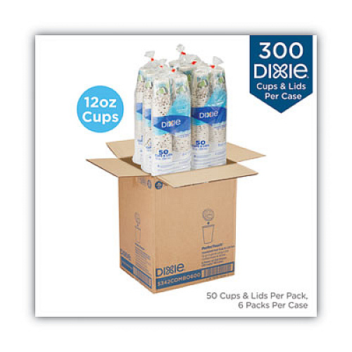 Dixie PerfecTouch Paper Hot Cups and Lids Combo, 12 oz, Coffee Haze Design, 50/Pack, 6 Packs/Carton (5342COMBO6CT)