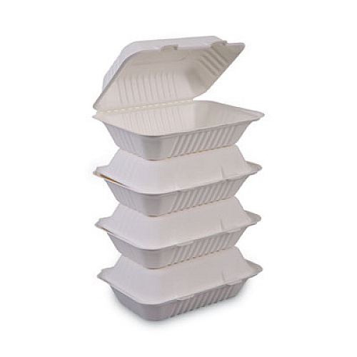 Boardwalk Bagasse Food Containers, Hinged-Lid, 1-Compartment 9 x 6 x 3.19, White, 125/Sleeve, 2 Sleeves/Carton (BWKHINGEWFHG1C9)