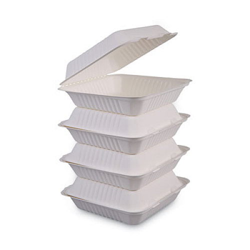 Boardwalk Bagasse Food Containers, Hinged-Lid, 1-Compartment 9 x 9 x 3.19, White, 100/Sleeve, 2 Sleeves/Carton (BWKHINGEWF1CM9)