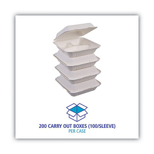 Boardwalk Bagasse Food Containers, Hinged-Lid, 3-Compartment 9 x 9 x 3.19, White, 100/Sleeve, 2 Sleeves/Carton (BWKHINGEWF3CM9)