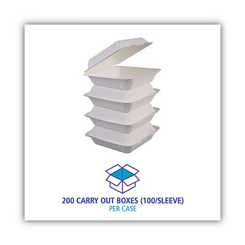 Boardwalk Bagasse Food Containers, Hinged-Lid, 1-Compartment 9 x 9 x 3.19, White, 100/Sleeve, 2 Sleeves/Carton (BWKHINGEWF1CM9)