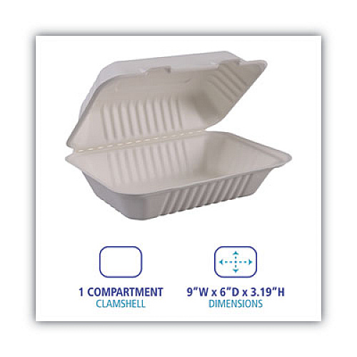 Boardwalk Bagasse Food Containers, Hinged-Lid, 1-Compartment 9 x 6 x 3.19, White, 125/Sleeve, 2 Sleeves/Carton (BWKHINGEWFHG1C9)