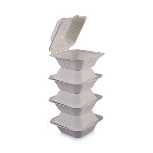 Boardwalk Bagasse Food Containers, Hinged-Lid, 1-Compartment 6 x 6 x 3.19, White, 125/Sleeve, 4 Sleeves/Carton (BWKHINGEWF1CM6)