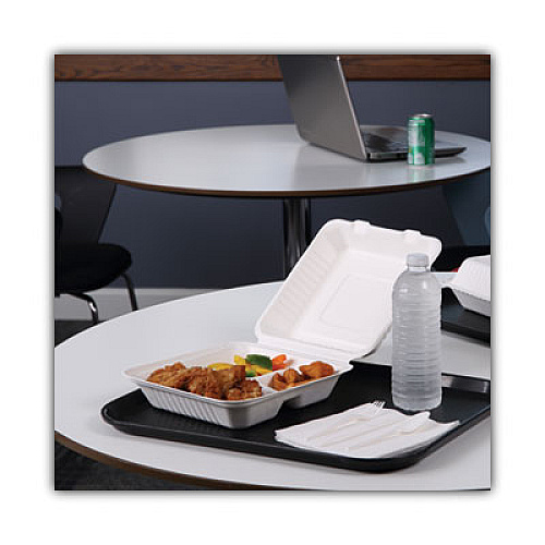 Boardwalk Bagasse Food Containers, Hinged-Lid, 3-Compartment 9 x 9 x 3.19, White, 100/Sleeve, 2 Sleeves/Carton (BWKHINGEWF3CM9)