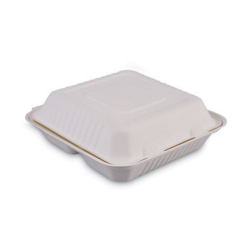 Boardwalk Bagasse Food Containers, Hinged-Lid, 3-Compartment 9 x 9 x 3.19, White, 100/Sleeve, 2 Sleeves/Carton (BWKHINGEWF3CM9)