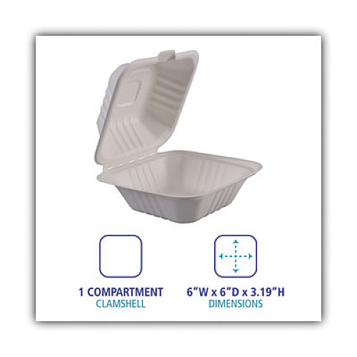 Boardwalk Bagasse Food Containers, Hinged-Lid, 1-Compartment 6 x 6 x 3.19, White, 125/Sleeve, 4 Sleeves/Carton (BWKHINGEWF1CM6)