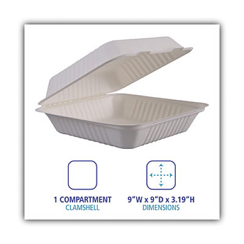 Boardwalk Bagasse Food Containers, Hinged-Lid, 1-Compartment 9 x 9 x 3.19, White, 100/Sleeve, 2 Sleeves/Carton (BWKHINGEWF1CM9)