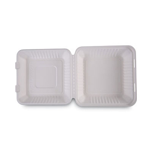 Boardwalk Bagasse Food Containers, Hinged-Lid, 1-Compartment 9 x 9 x 3.19, White, 100/Sleeve, 2 Sleeves/Carton (BWKHINGEWF1CM9)
