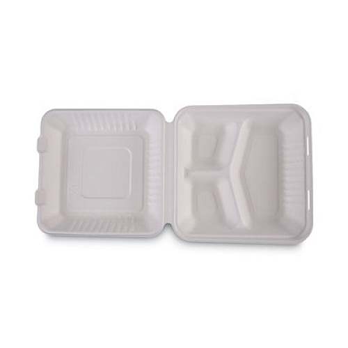Boardwalk Bagasse Food Containers, Hinged-Lid, 3-Compartment 9 x 9 x 3.19, White, 100/Sleeve, 2 Sleeves/Carton (BWKHINGEWF3CM9)