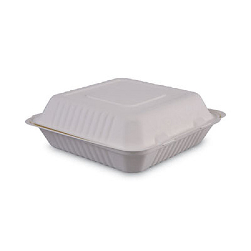 Boardwalk Bagasse Food Containers, Hinged-Lid, 1-Compartment 9 x 9 x 3.19, White, 100/Sleeve, 2 Sleeves/Carton (BWKHINGEWF1CM9)