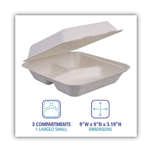 Boardwalk Bagasse Food Containers, Hinged-Lid, 3-Compartment 9 x 9 x 3.19, White, 100/Sleeve, 2 Sleeves/Carton (BWKHINGEWF3CM9)