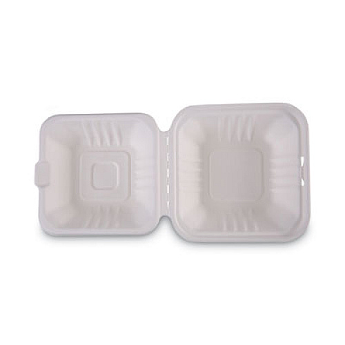 Boardwalk Bagasse Food Containers, Hinged-Lid, 1-Compartment 6 x 6 x 3.19, White, 125/Sleeve, 4 Sleeves/Carton (BWKHINGEWF1CM6)