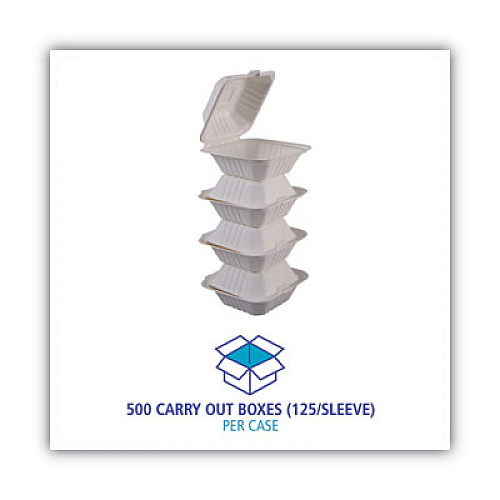 Boardwalk Bagasse Food Containers, Hinged-Lid, 1-Compartment 6 x 6 x 3.19, White, 125/Sleeve, 4 Sleeves/Carton (BWKHINGEWF1CM6)