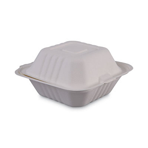 Boardwalk Bagasse Food Containers, Hinged-Lid, 1-Compartment 6 x 6 x 3.19, White, 125/Sleeve, 4 Sleeves/Carton (BWKHINGEWF1CM6)
