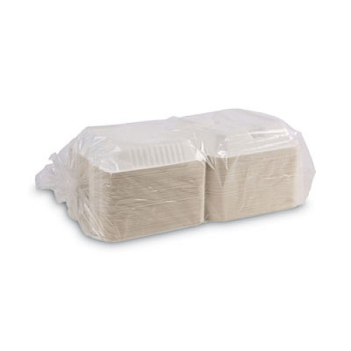Boardwalk Bagasse Food Containers, Hinged-Lid, 3-Compartment 9 x 9 x 3.19, White, 100/Sleeve, 2 Sleeves/Carton (BWKHINGEWF3CM9)