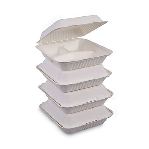 Boardwalk Bagasse Food Containers, Hinged-Lid, 3-Compartment 9 x 9 x 3.19, White, 100/Sleeve, 2 Sleeves/Carton (BWKHINGEWF3CM9)