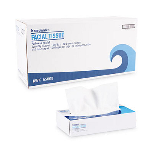 Boardwalk Office Packs Facial Tissue, Flat Box, 2-Ply, White, 100 Sheets/Box, 30 Boxes/Carton (6500B)